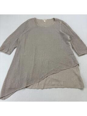 Eileen Fisher 100% Organic Linen Double Layer Tunic Sweater Size Large Tan